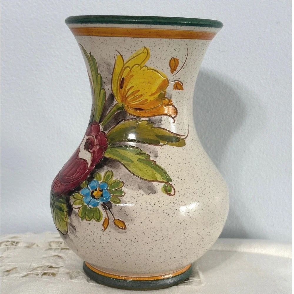 Hand Painted Floral Ceramic Vase Speckled Cream Red Rose Italian Majolica Style